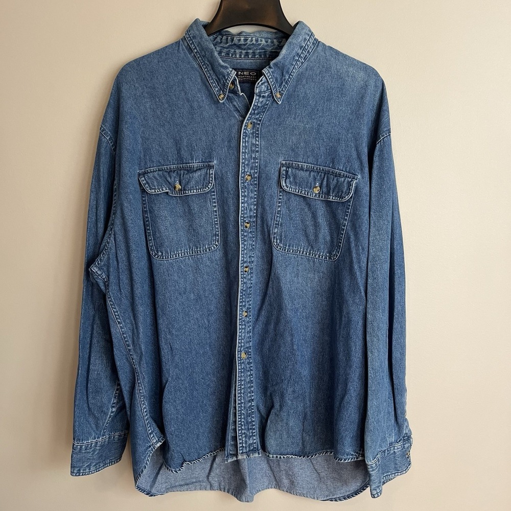 Vintage Men's 2XL Blue Denim Long Sleeve Button Up Utility 90s Workwear Grunge